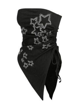 Plus Size Ruched Asymmetrical Y2K Star Tube Top Strapless Rhinestone